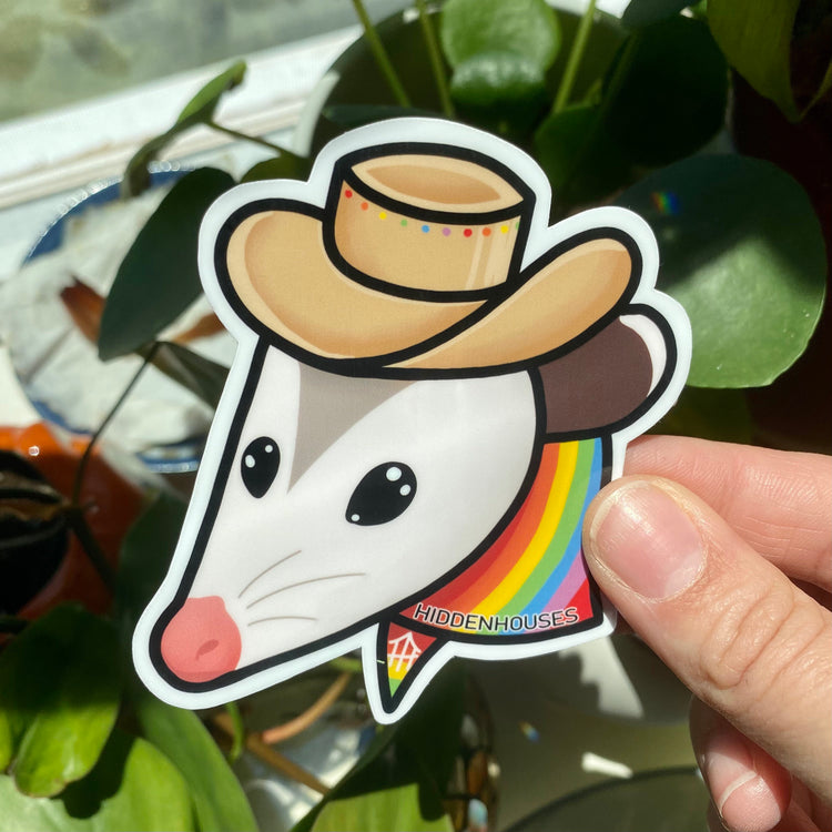 Rainbow Cowboy Opossum Glossy Vinyl Sticker 3.25”