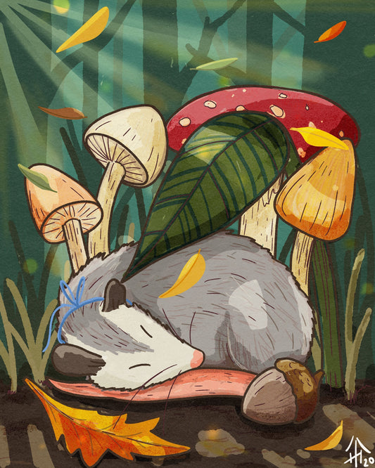 Asleep in the Forest- 8" by 10" Fall Opossum Art Print