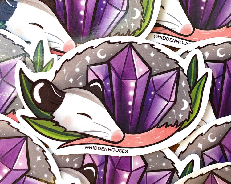 Amethyst Crystal Guardian Opossum Waterproof Vinyl Sticker 3.5"