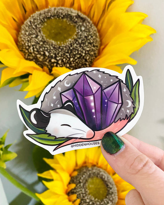 Amethyst Crystal Guardian Opossum Waterproof Vinyl Sticker 3.5"