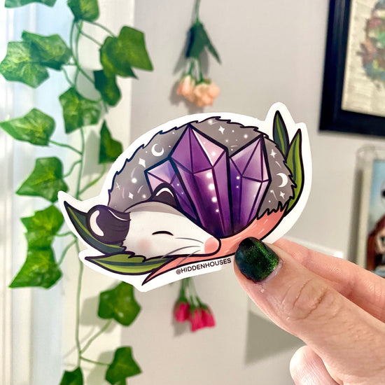 Amethyst Crystal Guardian Opossum Waterproof Vinyl Sticker 3.5"