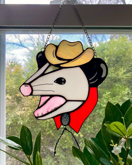 Made to Order: Cowboy Opossum Stained Glass Suncatcher