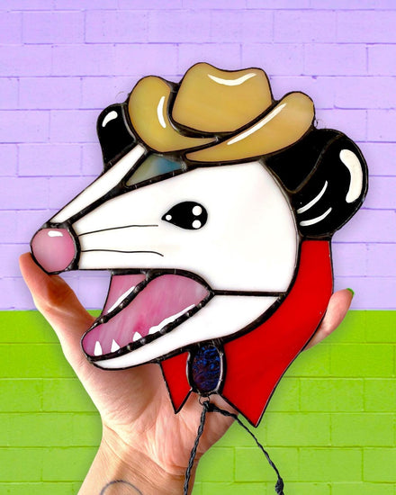 Made to Order: Cowboy Opossum Stained Glass Suncatcher