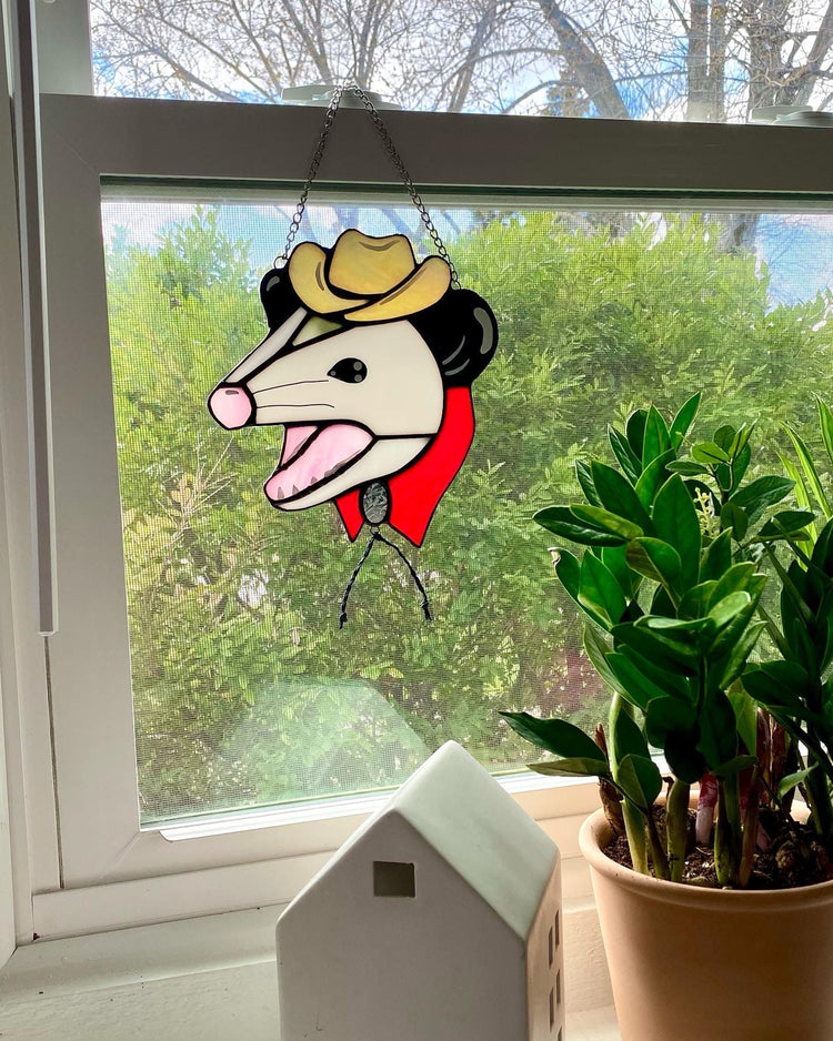 Made to Order: Cowboy Opossum Stained Glass Suncatcher