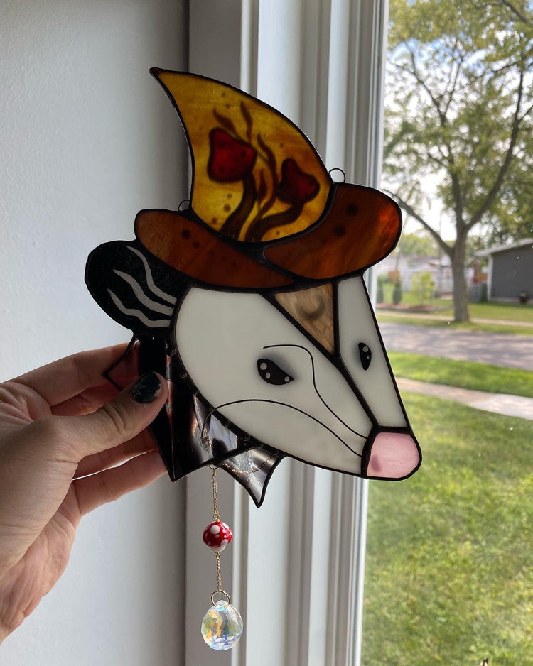 The Mushroom Wizard Opossum Stained Glass Suncatcher