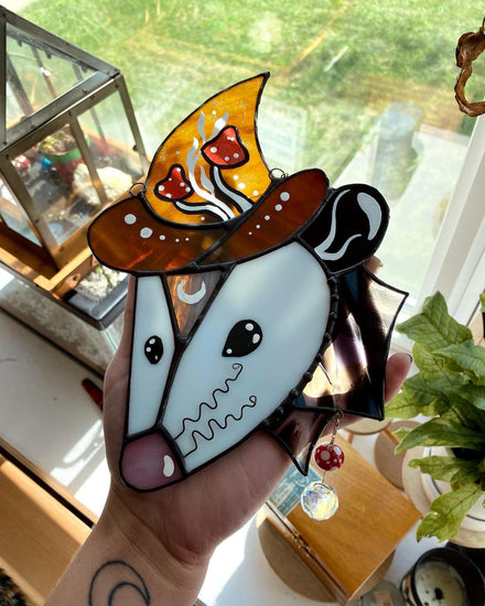 The Mushroom Wizard Opossum Stained Glass Suncatcher