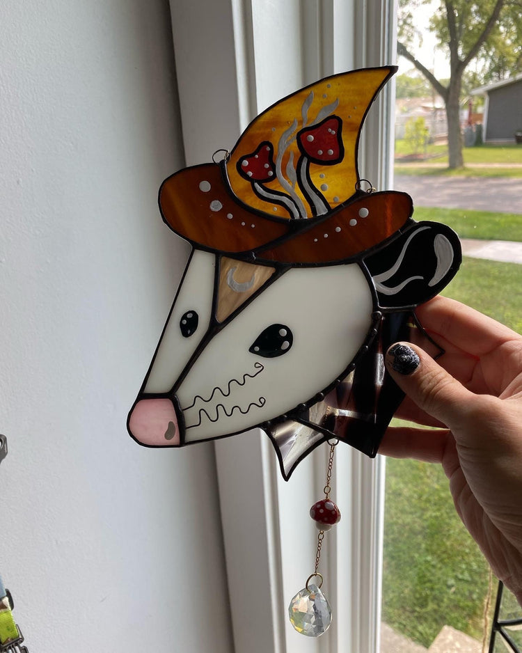 The Mushroom Wizard Opossum Stained Glass Suncatcher