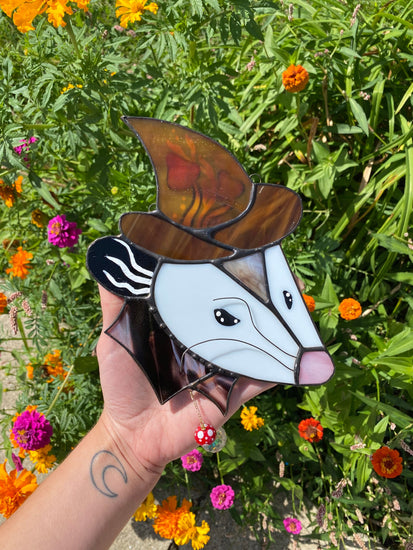 The Mushroom Wizard Opossum Stained Glass Suncatcher