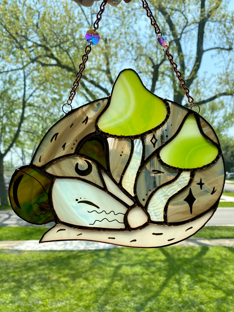 Whispy Mushroom Opossum Stained Glass Suncatcher