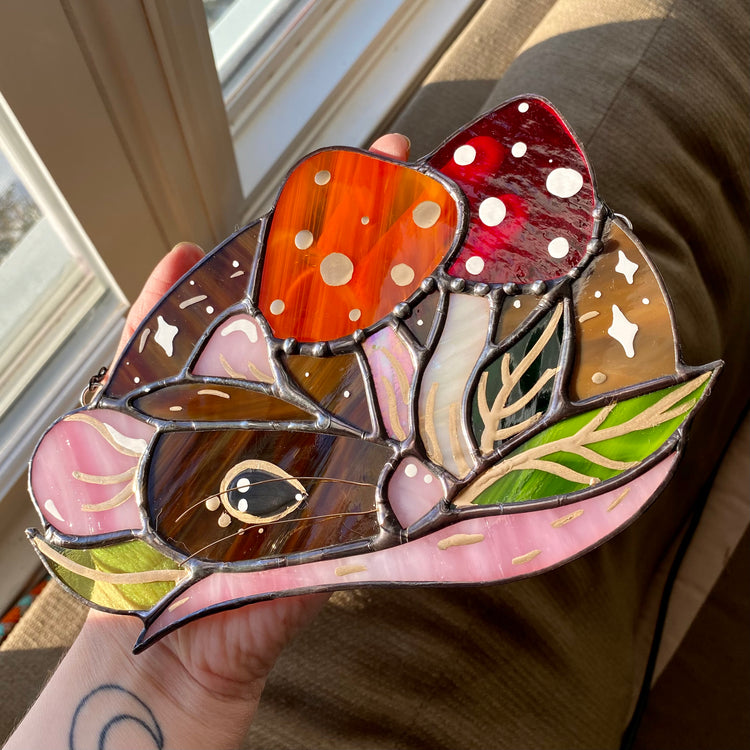 Brown Mushroom Rat Stained Glass Suncatcher