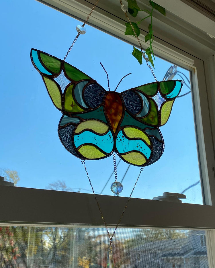 Celestial Luna Moth Stained Glass Suncatcher