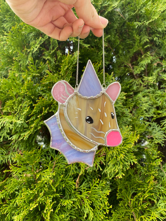 Silver and Pink Tan Wizard Rat Mini Stained Glass Suncatcher