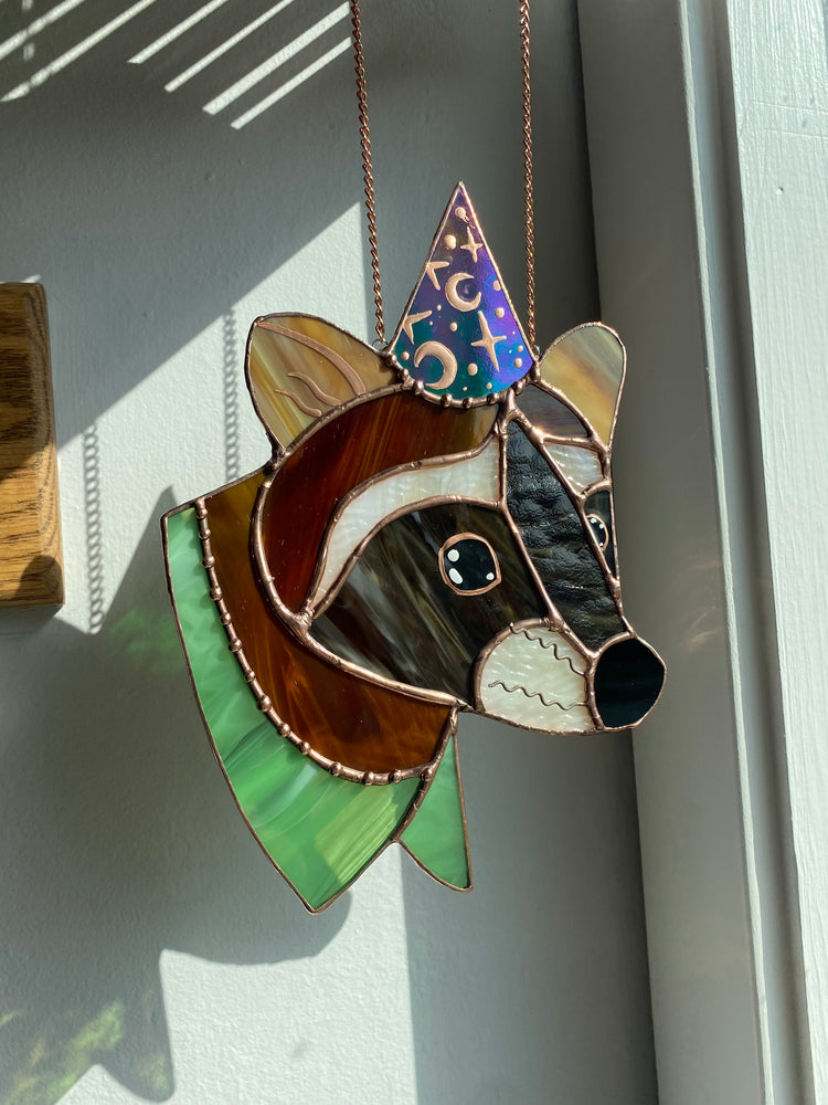 Wizard Raccoon Stained Glass Suncatcher