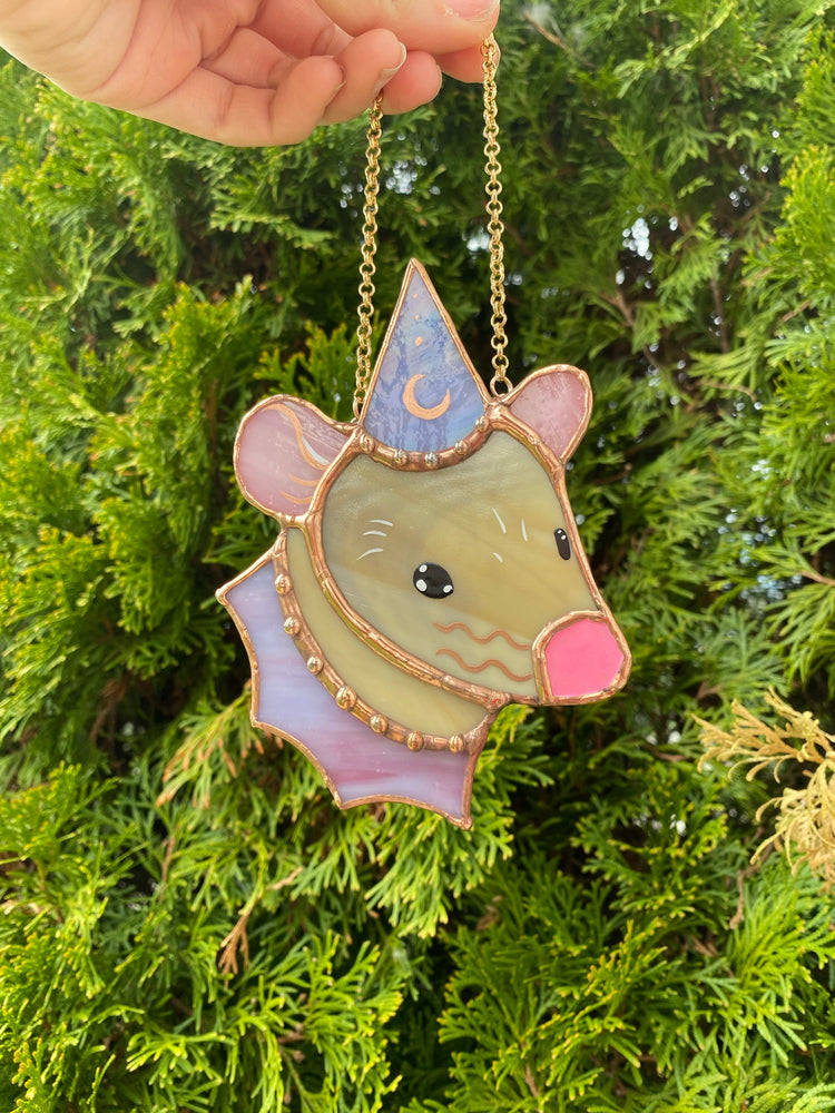 Copper and Pink Tan Wizard Rat Mini Stained Glass Suncatcher