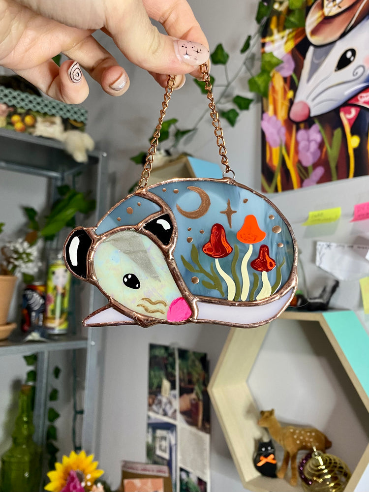 Mini Mushroom Opossum Stained Glass Ornament