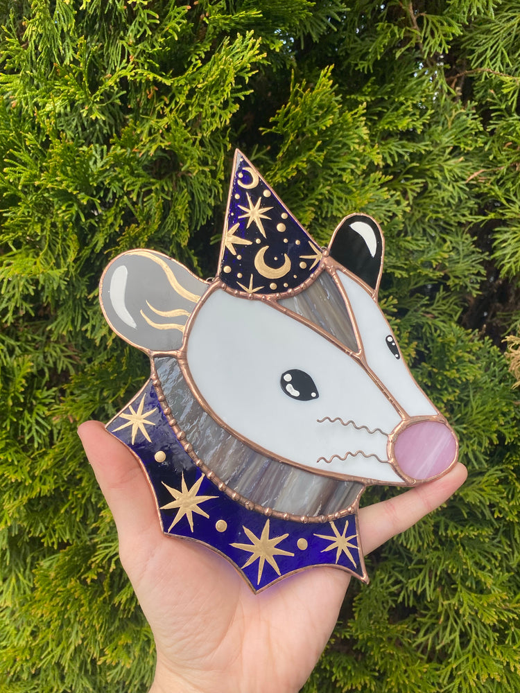 Blue and Gold Wizard Opossum Stained Glass Suncatcher