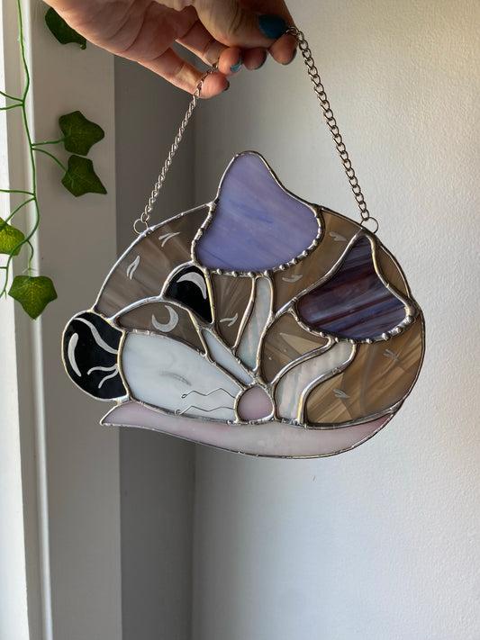 Purple Mushroom Opossum Stained Glass Suncatcher