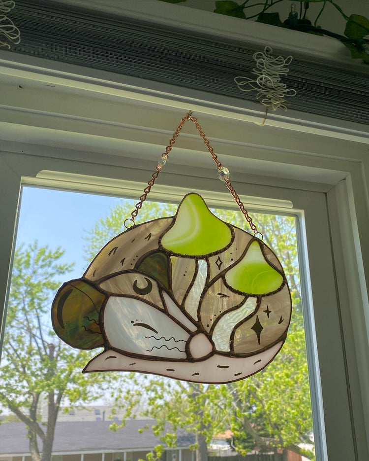 Whispy Mushroom Opossum Stained Glass Suncatcher