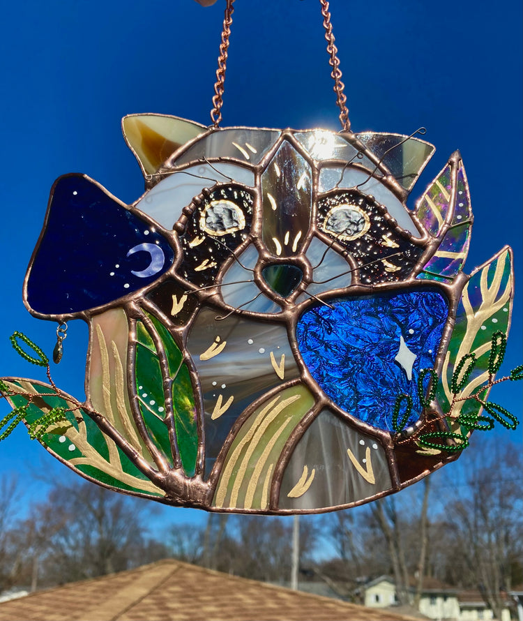 Cosmic Raccoon Stained Glass Suncatcher