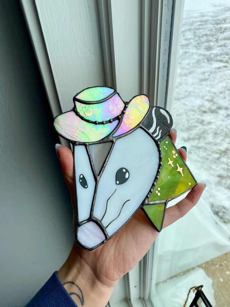 Green Cowboy Opossum Stained Glass Suncatcher