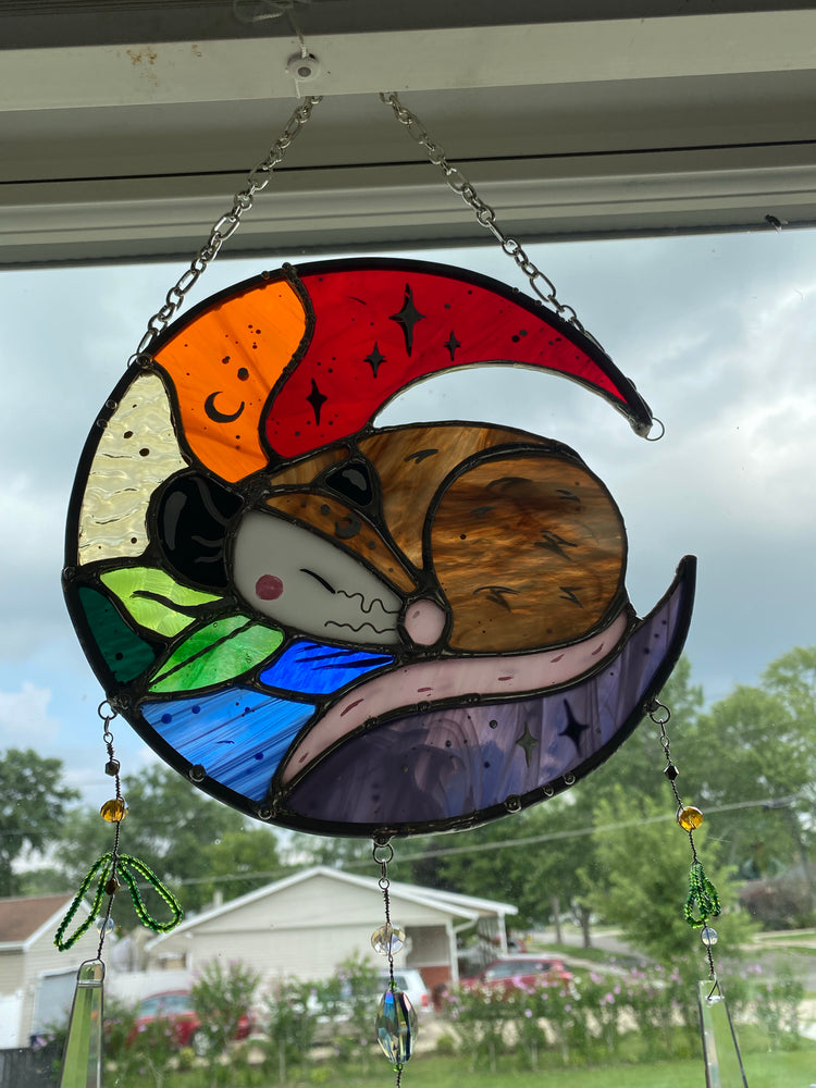 Rainbow Opossum Moon Stained Glass Suncatcher