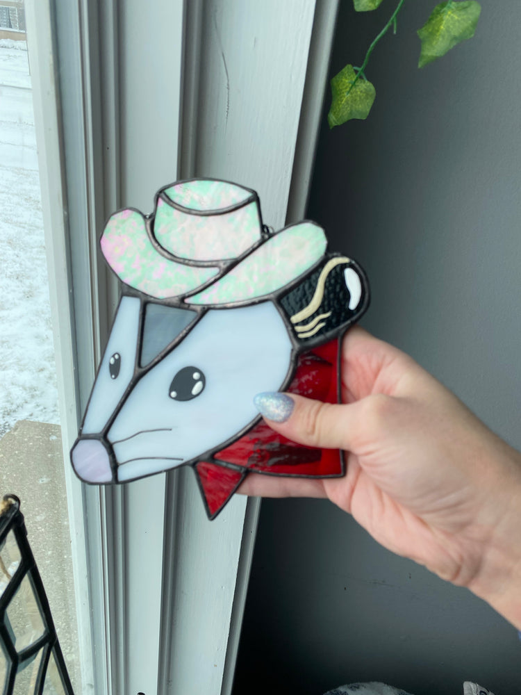 Cowboy Opossum Stained Glass Suncatcher