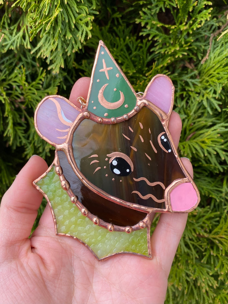 Brown and Green Wizard Rat Mini Stained Glass Suncatcher