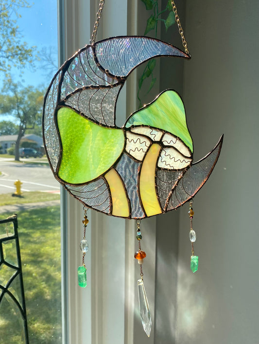 Irridescent Forest Green Mushroom Moon Suncatcher