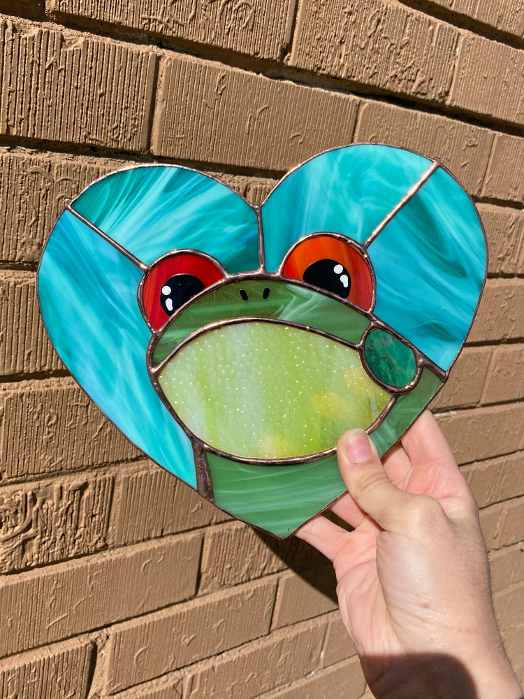 Teal Heart Frog Stained Glass Suncatcher