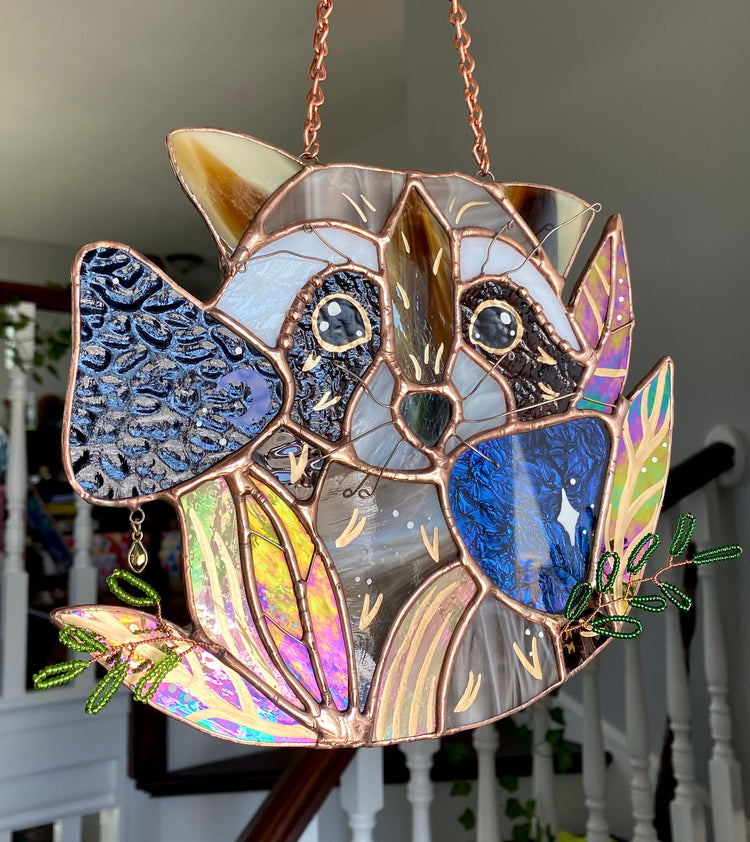 Cosmic Raccoon Stained Glass Suncatcher