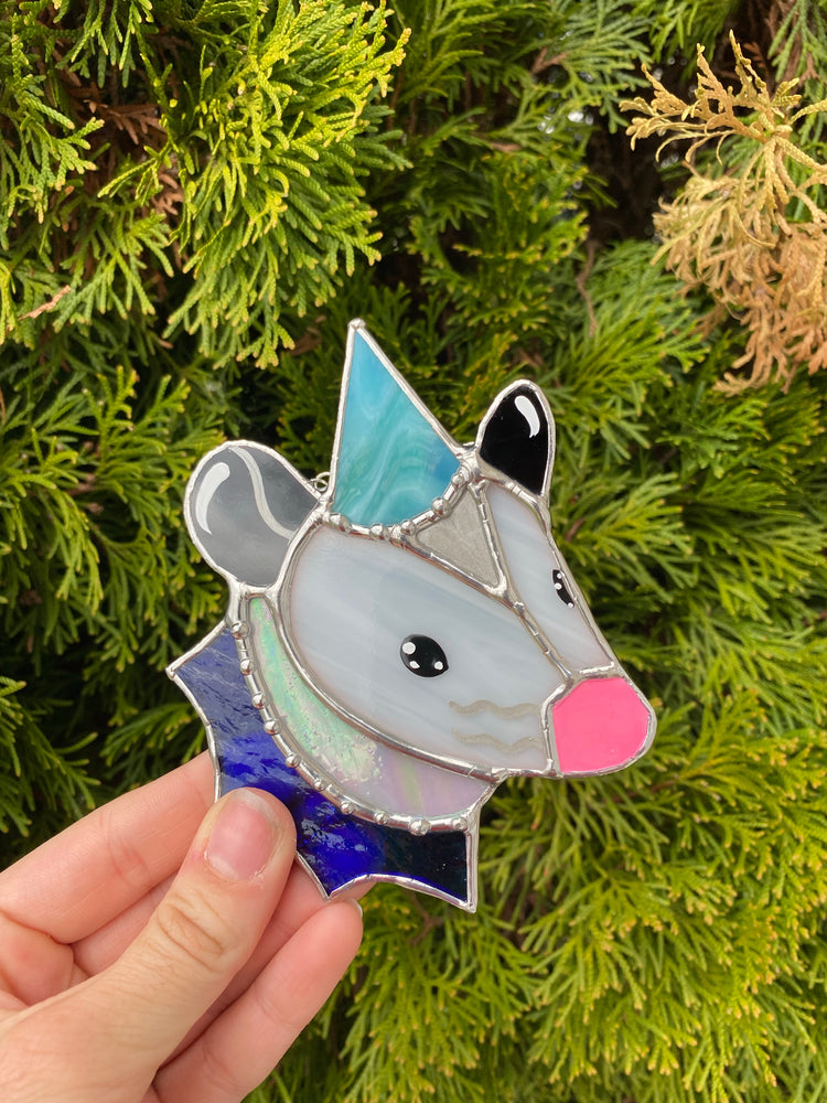 Swirly Teal Wizard Opossum Mini Stained Glass Suncatcher