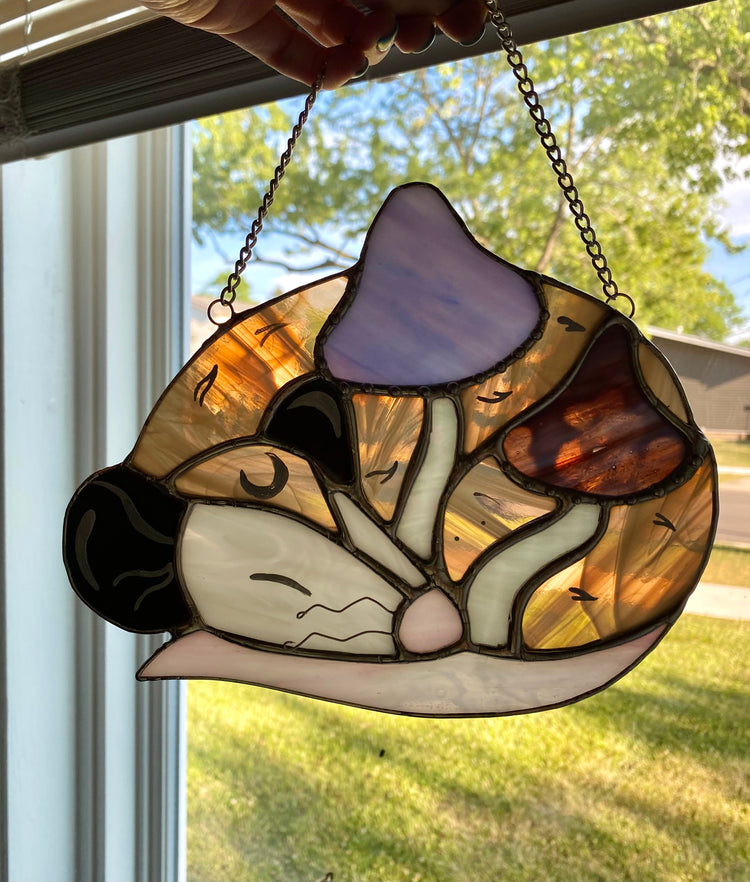 Purple Mushroom Opossum Stained Glass Suncatcher