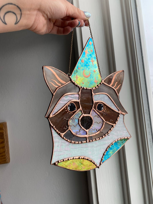 Wizard Raccoon Stained Glass Suncatcher