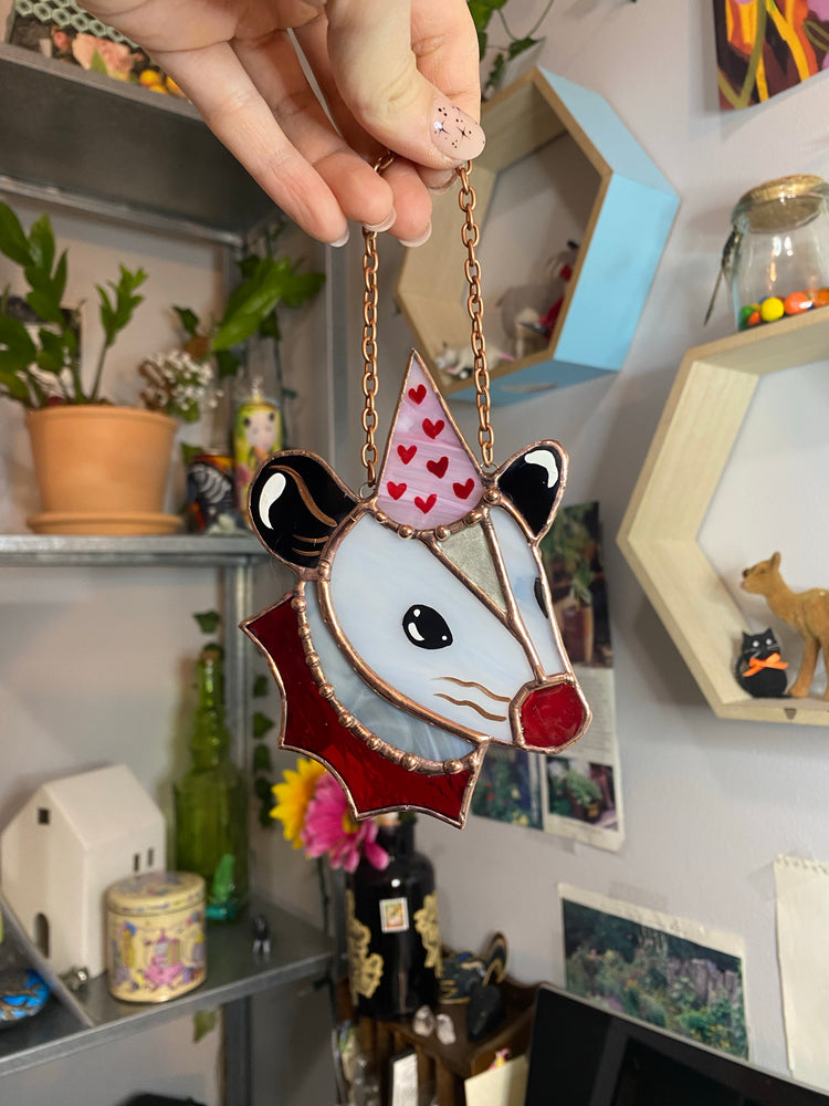 Mini Valentines Opossum Stained Glass Ornament