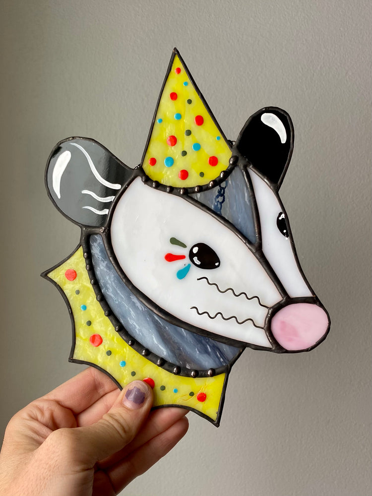 Clown Opossum Stained Glass Suncatcher