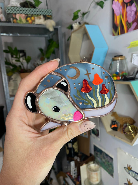 Mini Mushroom Opossum Stained Glass Ornament