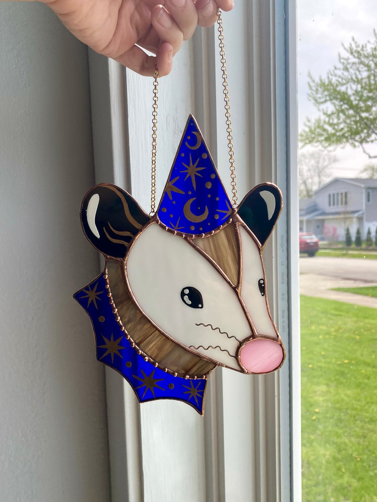 Blue and Gold Wizard Opossum Stained Glass Suncatcher