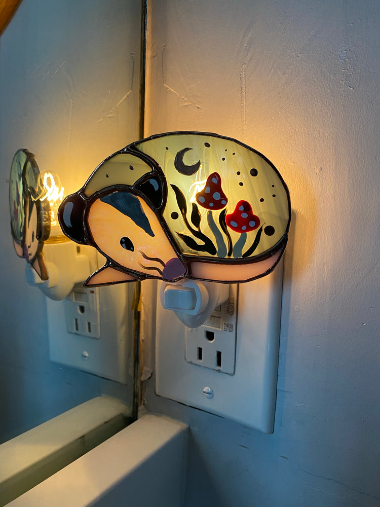 Mushroom Opossum Stained Glass Night Light