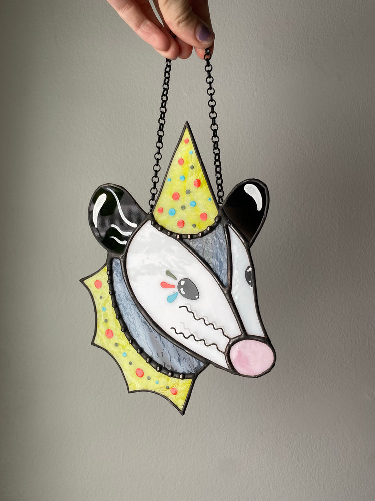 Clown Opossum Stained Glass Suncatcher