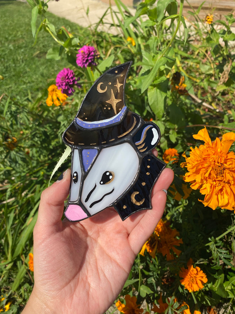 Mini Purple Wizard Opossum Stained Glass Suncatcher