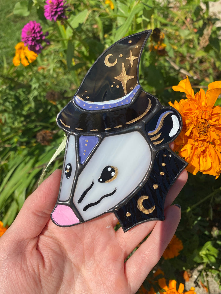 Mini Purple Wizard Opossum Stained Glass Suncatcher