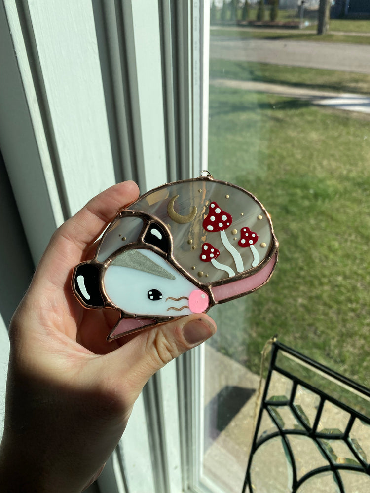 Mini Mushroom Opossum Stained Glass Ornament