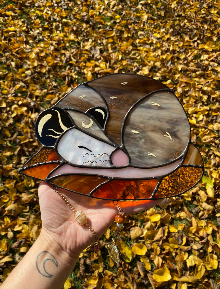 Fall Leaf Opossum Stained Glass Suncatcher