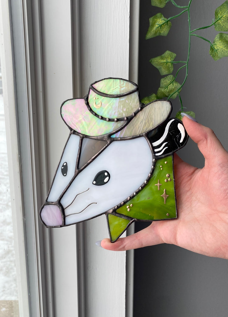 Green Cowboy Opossum Stained Glass Suncatcher