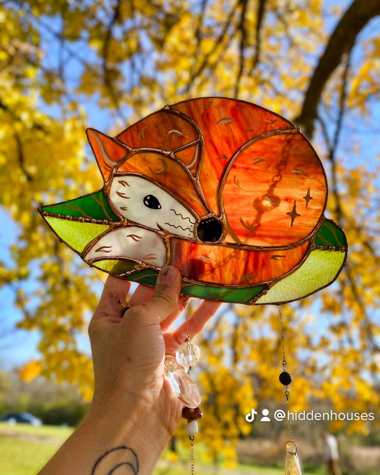 Smiley Leaf Fox Stained Glass Suncatcher