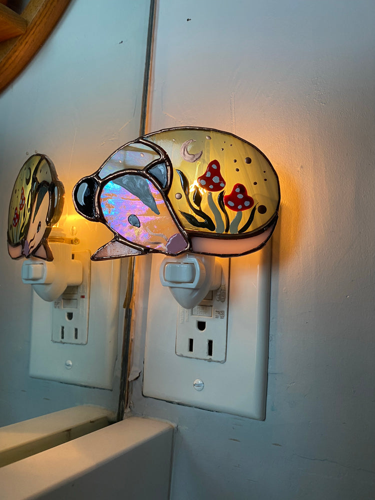 Mushroom Opossum Stained Glass Night Light