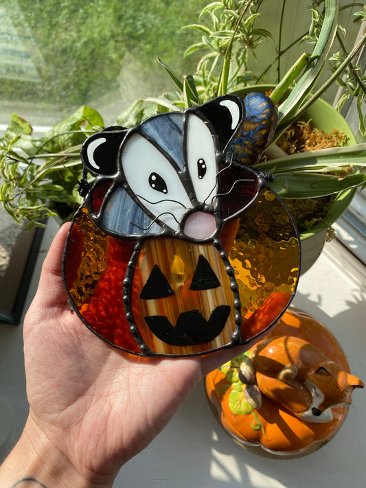 Mini Pumpkin Opossum Stained Glass Suncatcher