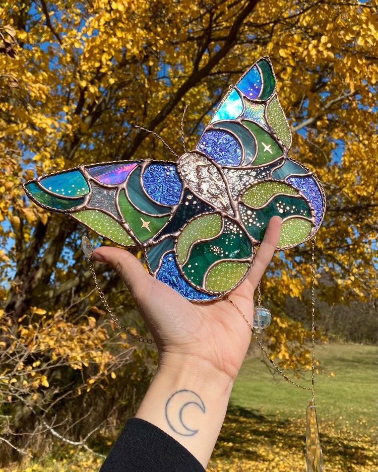 Celestial Luna Moth Stained Glass Suncatcher