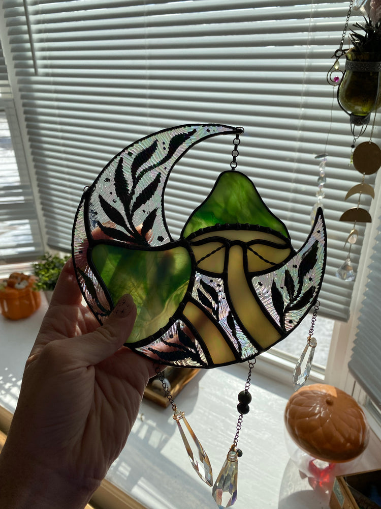 Full Iridescent Green Mushroom Moon Suncatcher