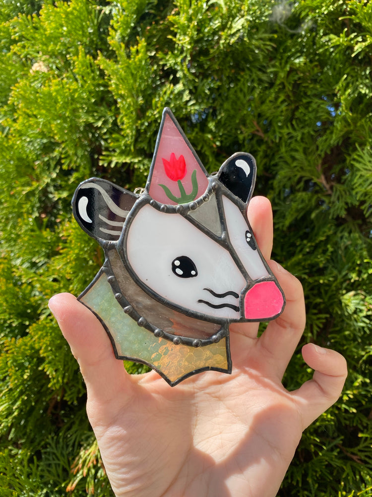 Flower Hat Opossum Mini Stained Glass Ornament